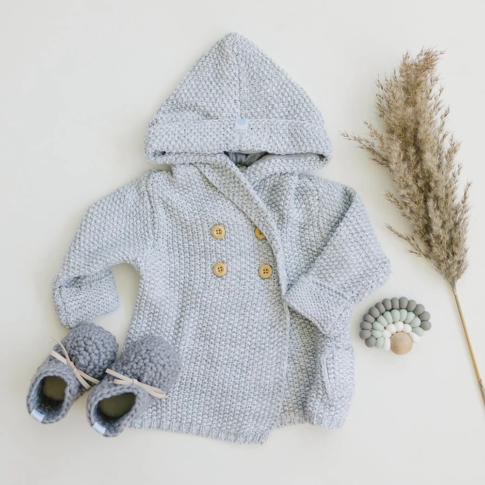 Bebe Bean Crochet Knit Hoodie, Grey, 6-12 Months